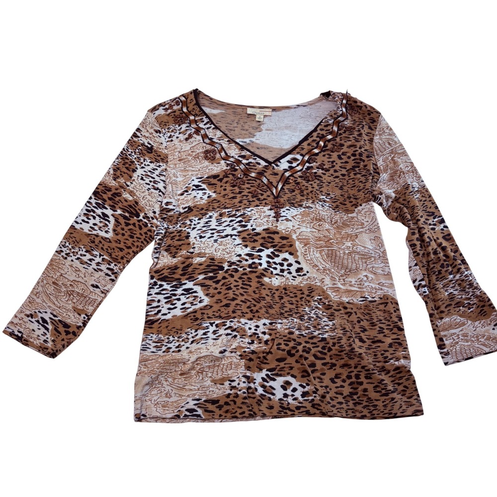 Choices Womens Brown Leopard Animal Print Beaded V-Neck Cotton Top Size M